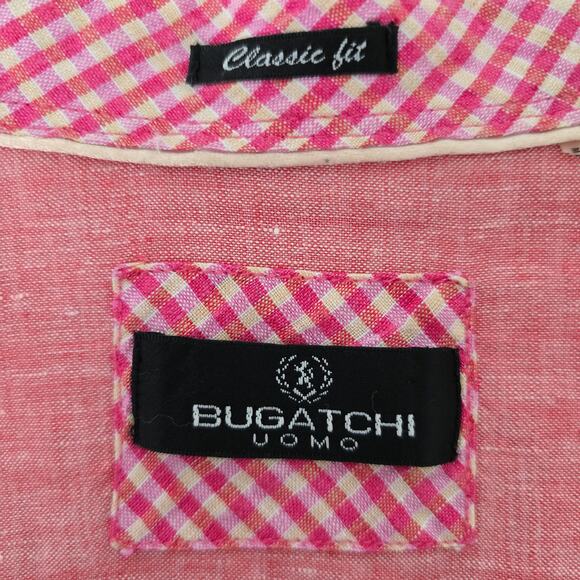 BUGATCHI Uomo Linen Shirt Men L Gingham Check Contrast Flip Cuffs Long Sleeve - Picture 11 of 12